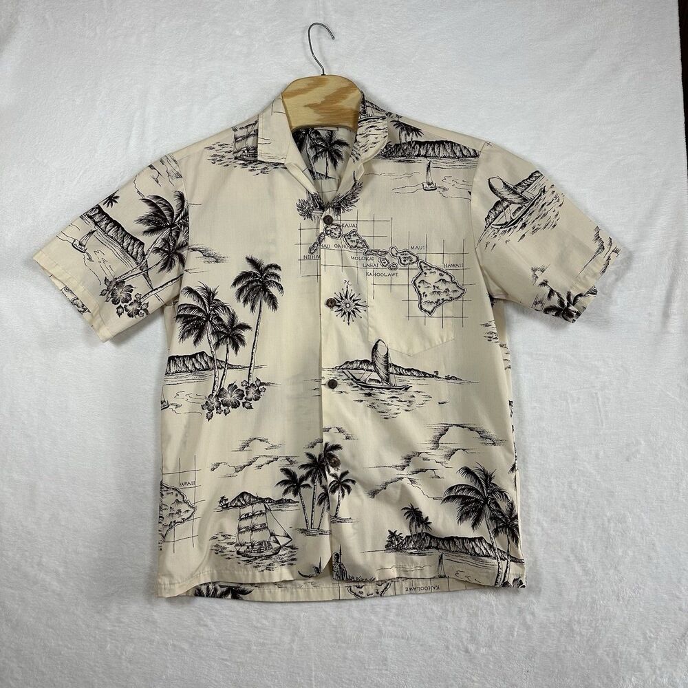 Royal Creations Hawaii Aloha Shirt Mens L Cream Island All Over Map Print USA